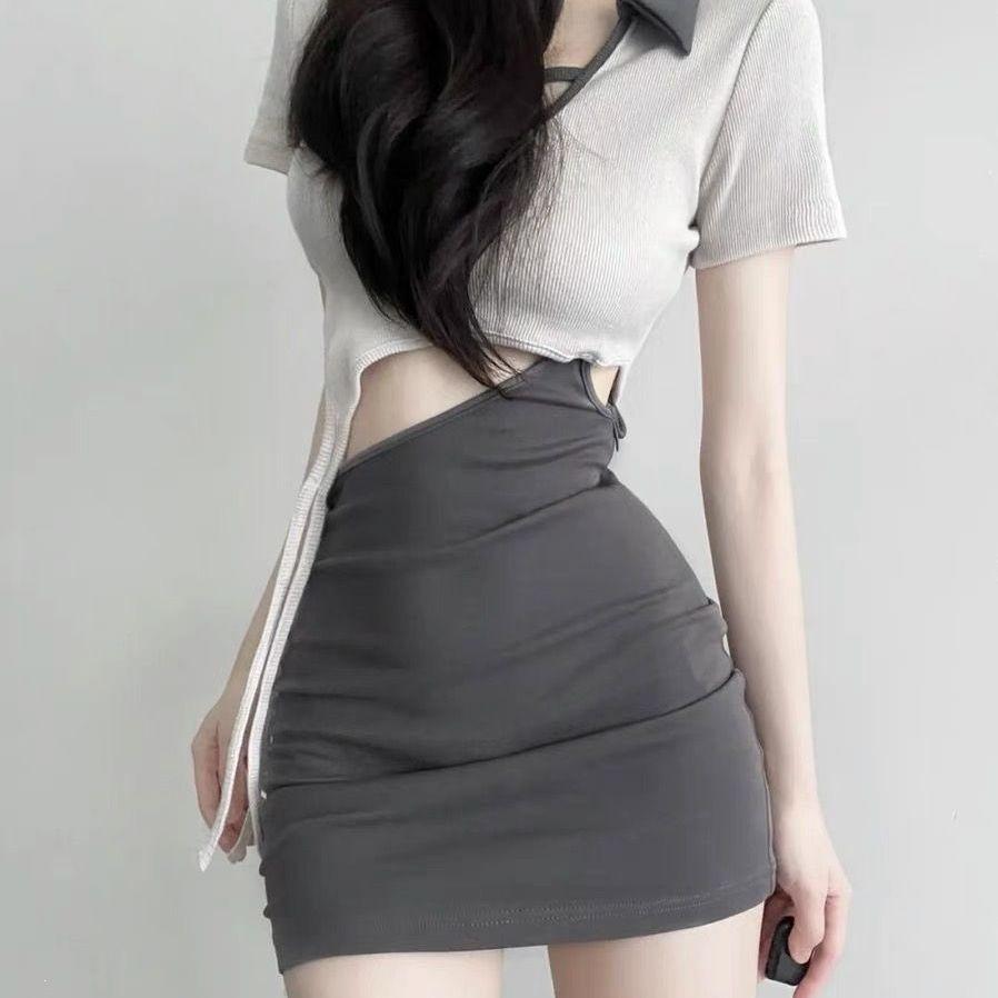 Hollow waist sexy dress high-end fake two-piece contrasting color hip skirt sweet hottie strap splicing short skirt