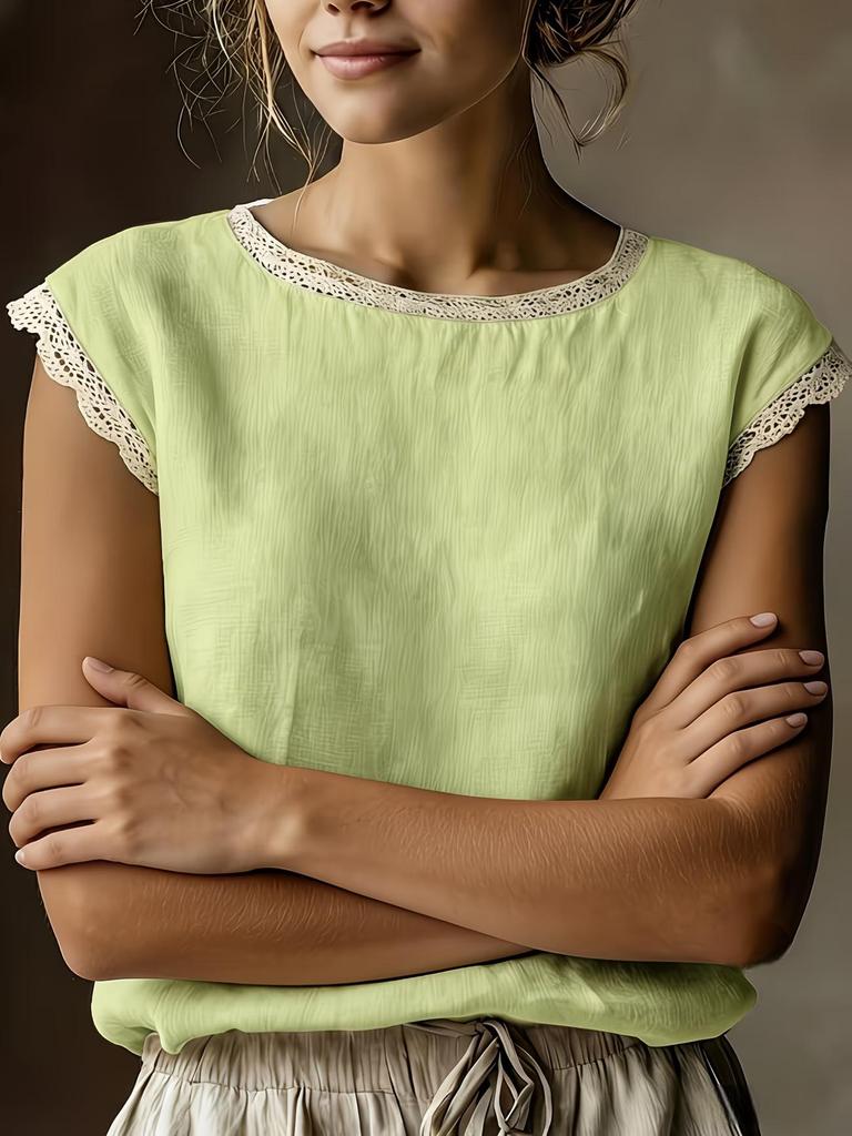 Women's European and American Style Sleeveless Lace Cotton-Linen Shirt, Spring/Summer 2026 Collection.