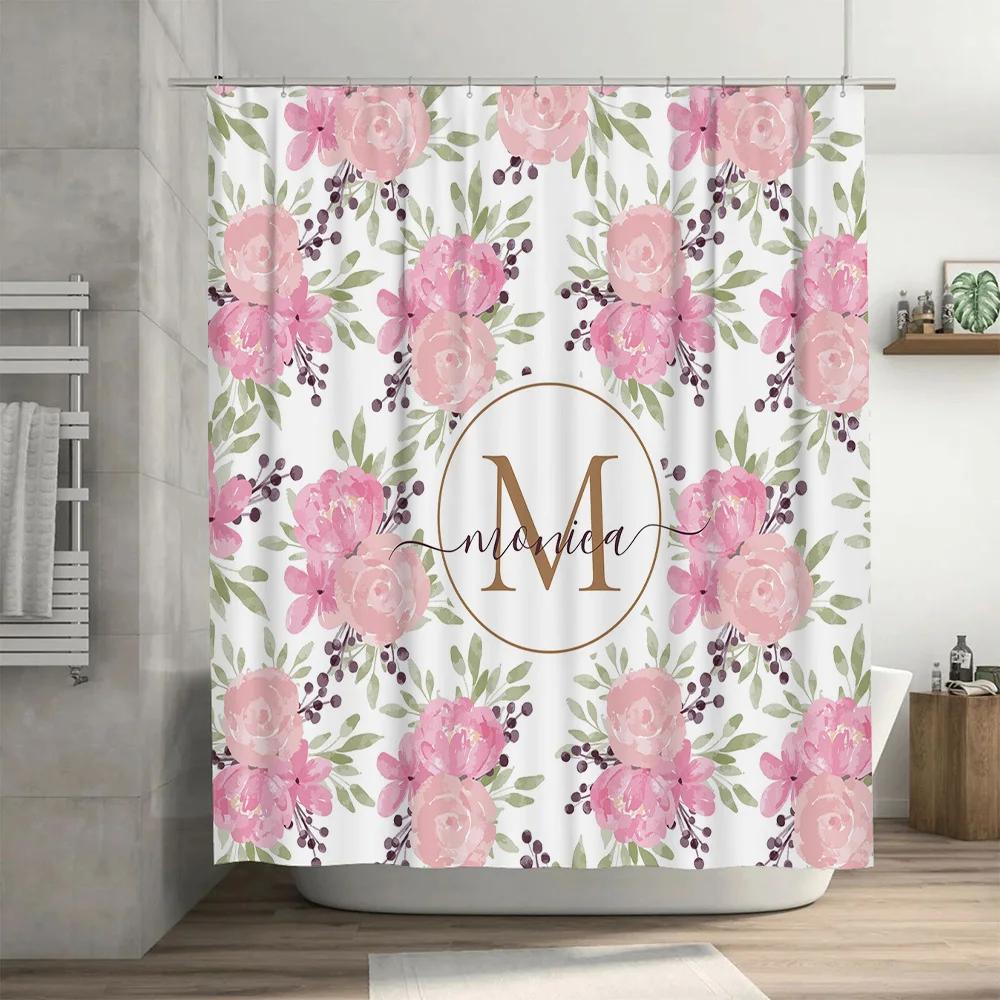 Stylish Bath Shower Curtain Pink with Silver Metal Hook Rings for Bathroom Decorations Waterproof Fabric Bathtub Surrounding Hig