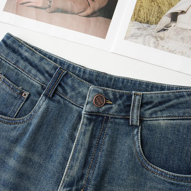 Jeansi Retro Albastru Damă cu Talie Înaltă și Picior Larg - Brodați, Croială Largă, Primăvară/Toamnă 2025