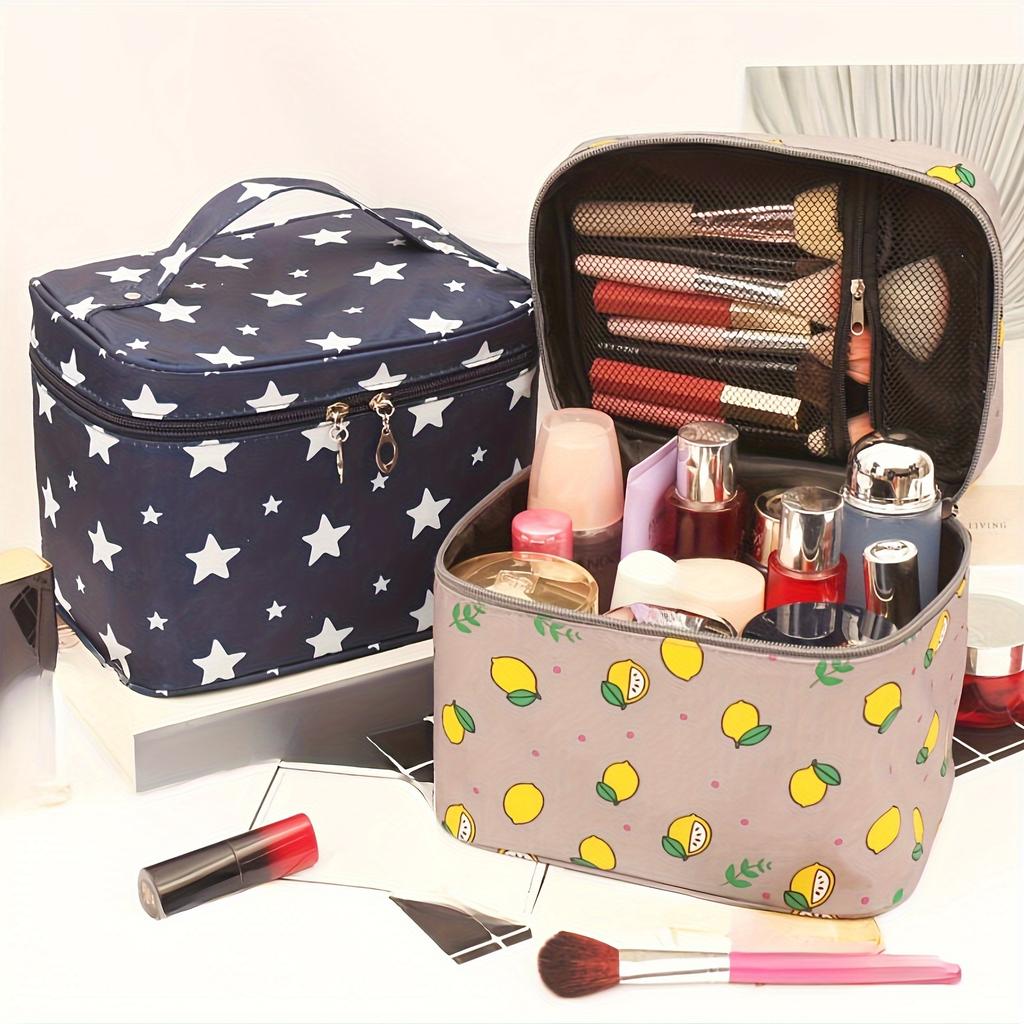 1 stuk schattige roze en witte make-uptas met chevronprint en handvat - Duurzame, draagbare reis-make-up organizer met meerdere vakken voor damescosmetica