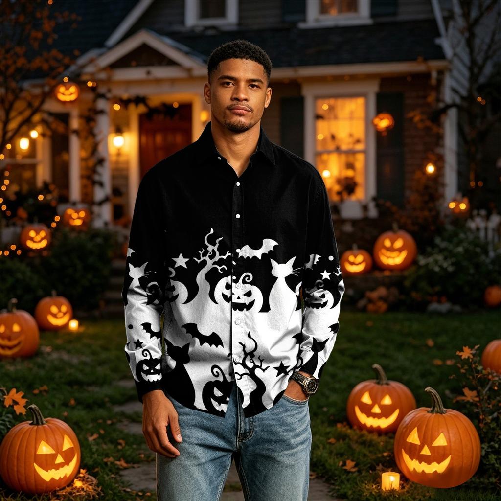 Men's Long Sleeve Button Down Shirt Halloween Print Casual Fit Shirt for Party
