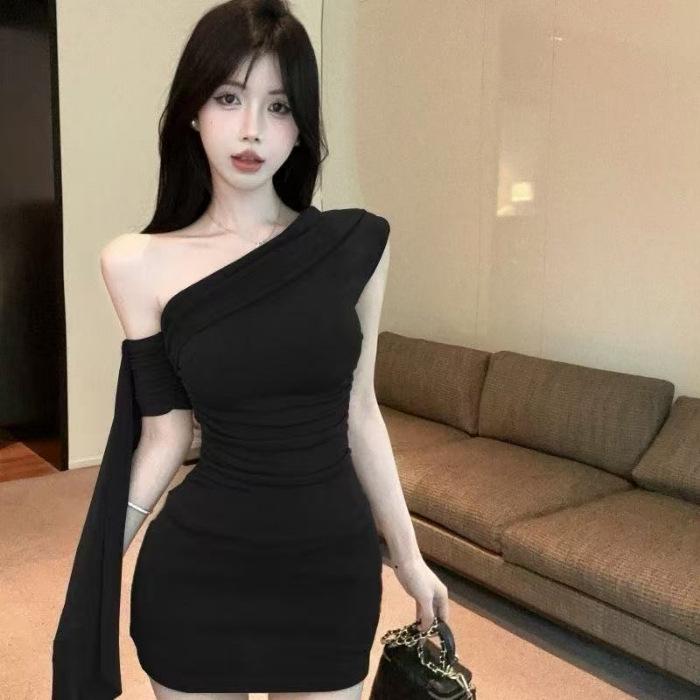 Асимметричное платье с одним плечом, струящееся - Мини-юбка bodycon с акцентом на талии (Летняя коллекция 2026) Medium чёрный