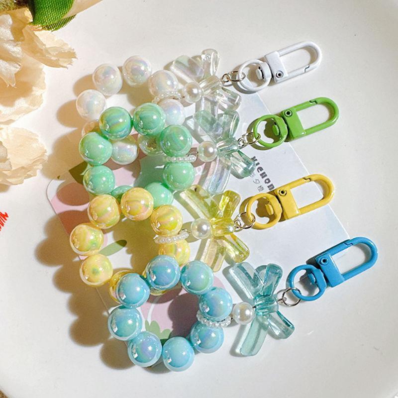 Plastic Fashion Beaded Bow Keychain Exquisite Candy Color Pearl Keyring Creative Shiny Bows Beaded Pendant Girls