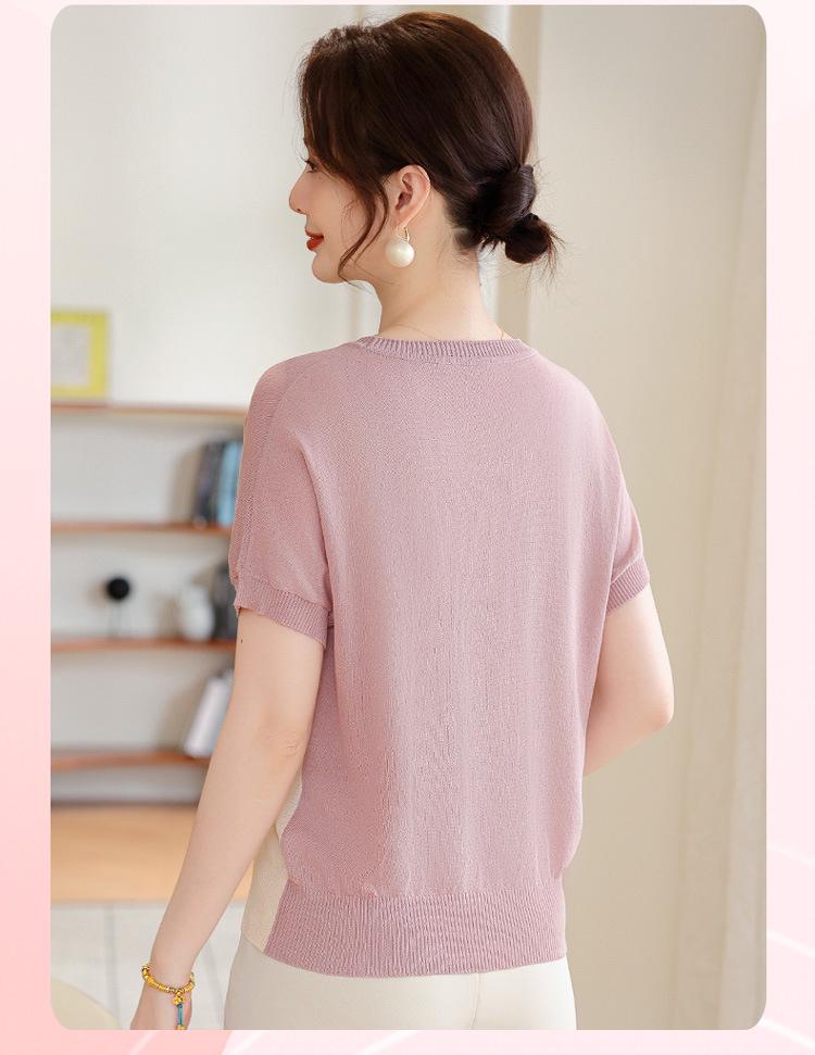 Mom's Stylish Ice Silk Summer Knit T-Shirt: Age-Reducing Short-Sleeved Top for Middle-Aged & Elderly Women