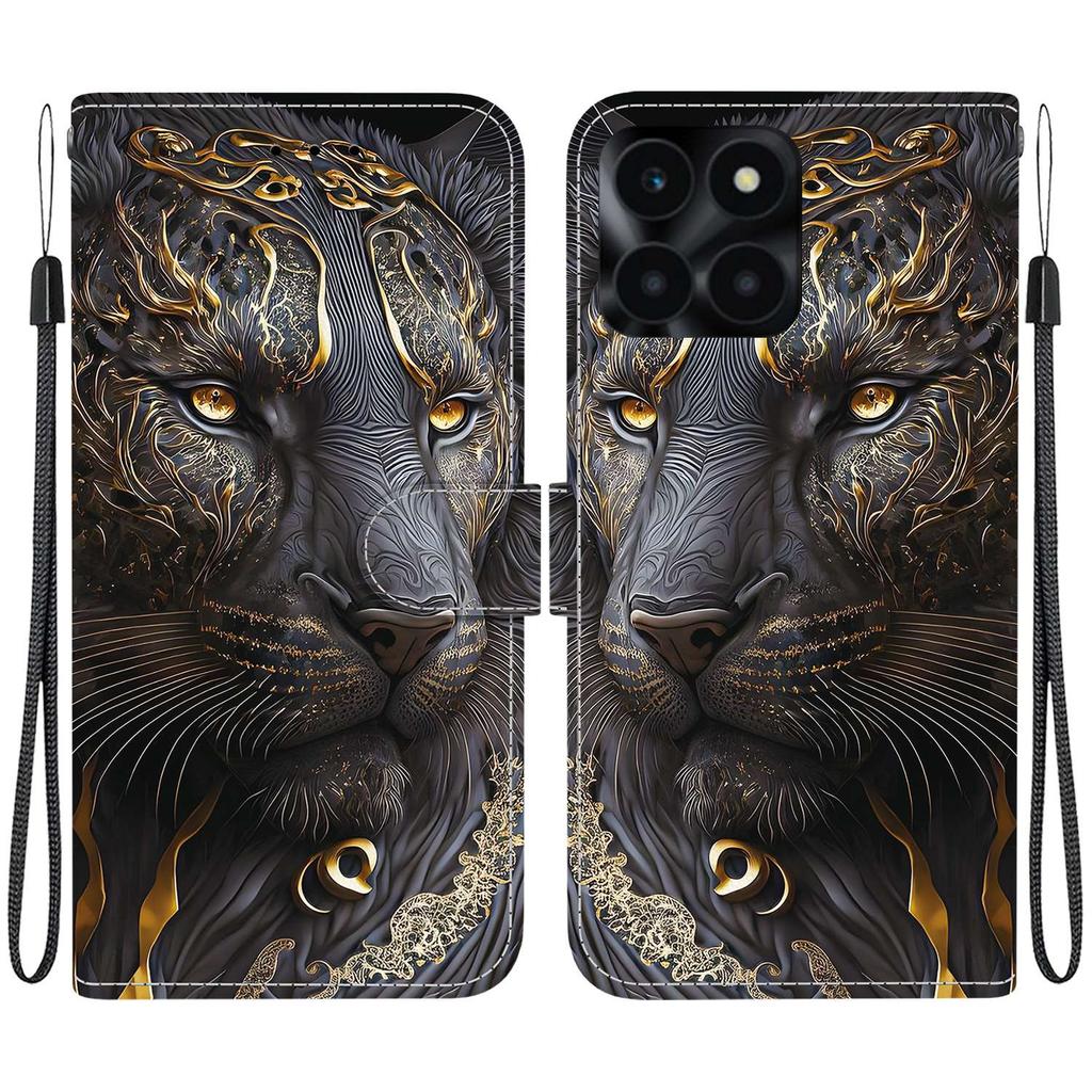 Handmade PU Leather Flip Case for Honor X6a Anti-Slip Shockproof Cover with Wrist Strap & Heart/Rose Cat Designs