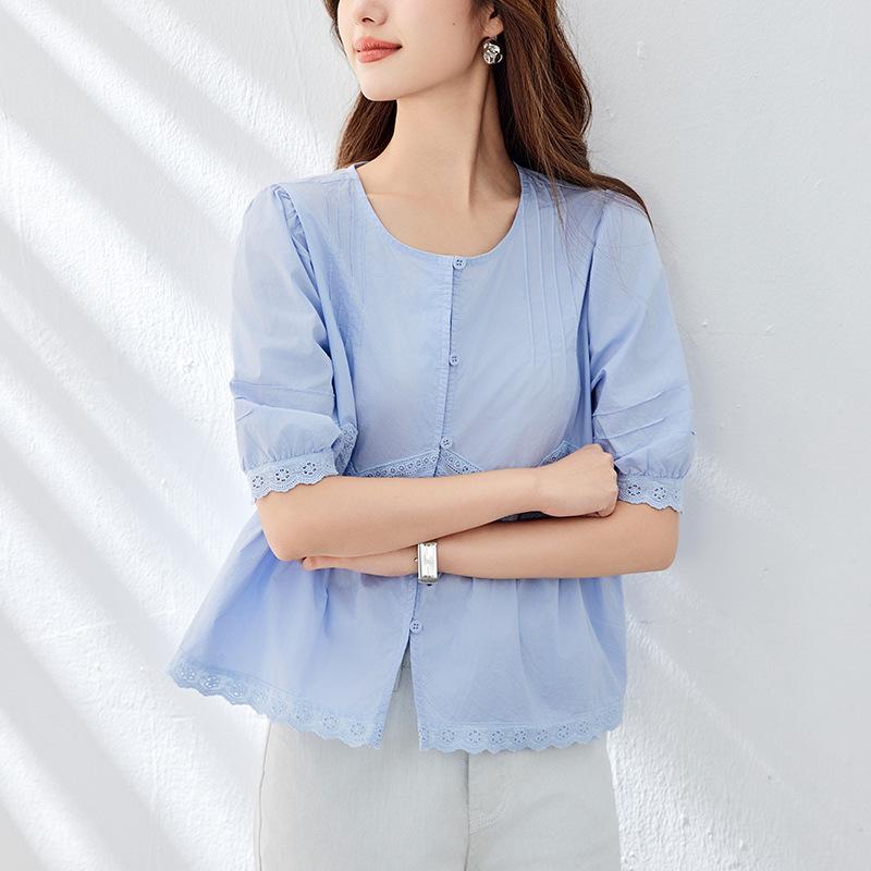 Spitzen-Häkel-Puffärmel-Top für Damen Sommer Neuestes Entspannter Schnitt und Vielseitig V-Ausschnitt Stilvoll Baby-Top