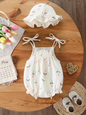 Baumwoll-Musselin Sommer-Strampler mit Trägern und Druckknöpfen im Schritt für Baby-Mädchen