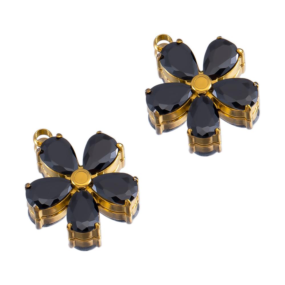 2Pcs Fashion Black White Heart Flower Earrings Charms Golden Plated Stainless Steel Zirconia Petal Pendant Necklace DIY Findings