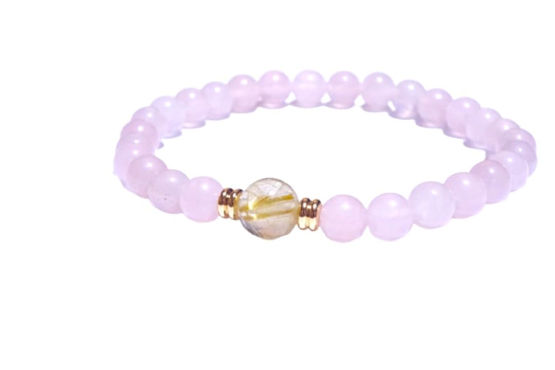 

Leaf Stone for Good Fortune and a Happy Rose Quartz and Gold Rutilated Quartz Bracelet for Women Natural Power 8mm and 6mm 16cm [Amulet Life] -