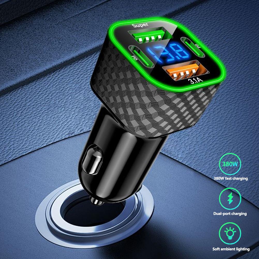 4 in 1 Car Charger Dual PD with Voltage Display USB Super Fast Charging Adapter for Smart Phone