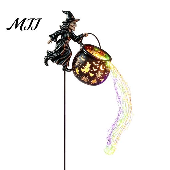 Weatherproof Yard Garden Light Halloween Witch Cauldron Light, Flying Silhouette Stake with Colorful Outdoor Lights LED, Spooky Decorative Lantern for