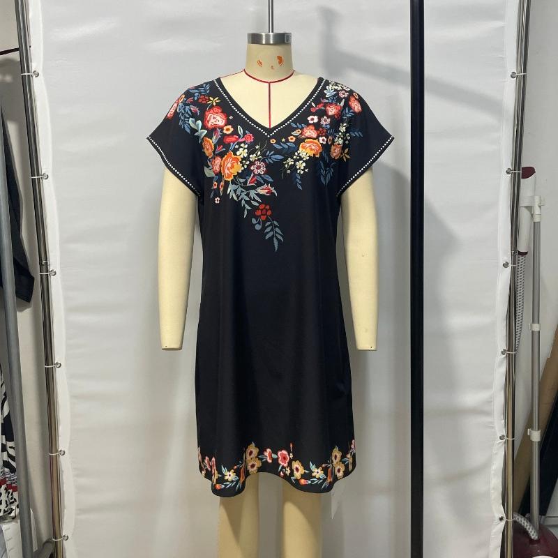 Summer New Short Sleeve A Line Vacation Casual Dresses Women Fashion Loose Waist Elegant Print Short Dress Women Vintage Slim Beach Ladies Dress 25881
