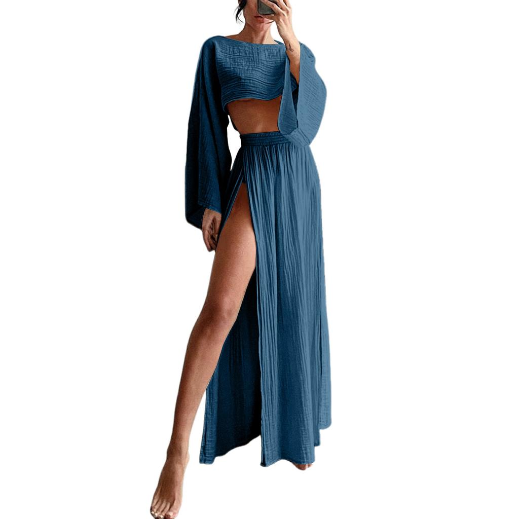 Costum din două piese pentru petrecere a timpului liber pentru damă, cu talie înaltă, din bumbac și in