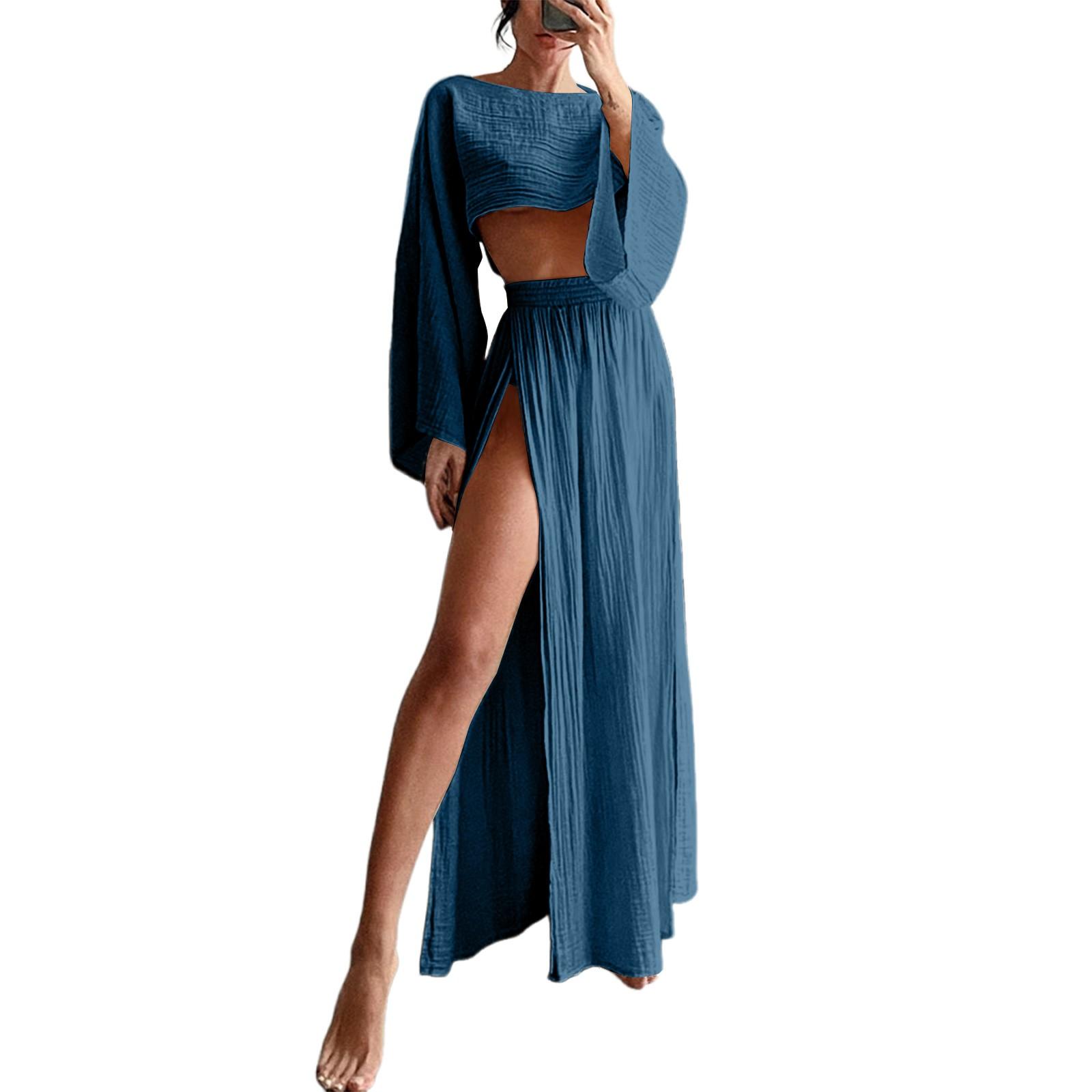 

Женский костюм из двух частей для отдыха, короткий топ с высокой талией и разрезом из хлопка и льна XXL синий