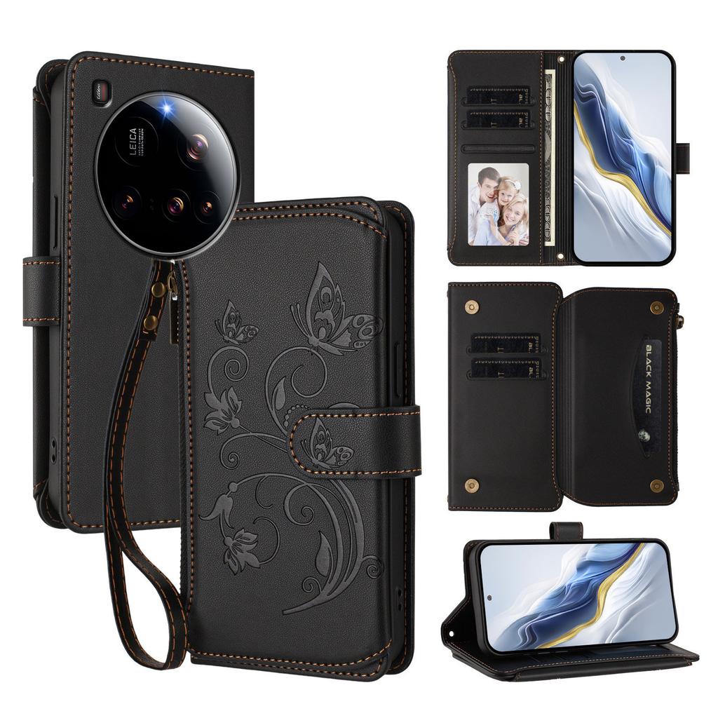 For Xiaomi 15 Ultra Leather Case Butterfly Floral Imprint Zipper Wallet Stand Cover with Wrist Strap