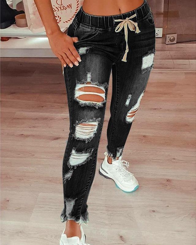 Jeans da Donna 2023 a Vita Alta Strappati Elasticizzati con Lacci in Pizzo