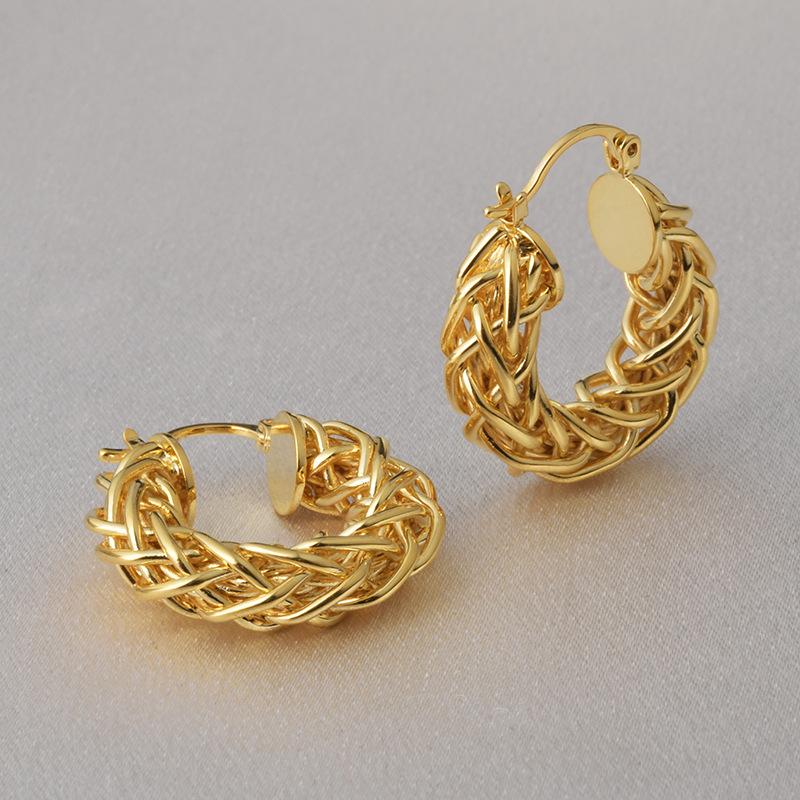 2026 European INS Style Chunky Woven Hoop Earrings - Vintage Braided O-Shape Gold Plated Ear Buckles for Women Niche Design Jewelry