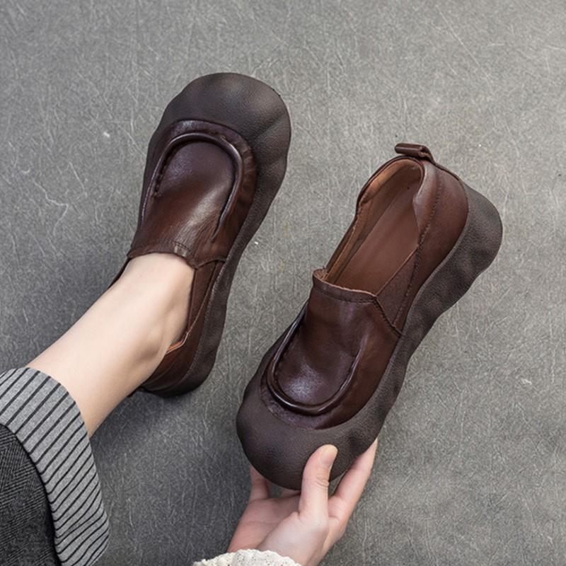 Johnature Genuine Leather Loafers Retro Round Toe Thick Soled Versatile Slip-on Women's Flat Shoes