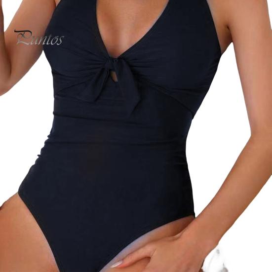 Women Sexy Summer Monokini Halter Deep V-Neck One-piece Swimsuit Patchwork Color Bowknot Decor High Waist Backless Beachwear