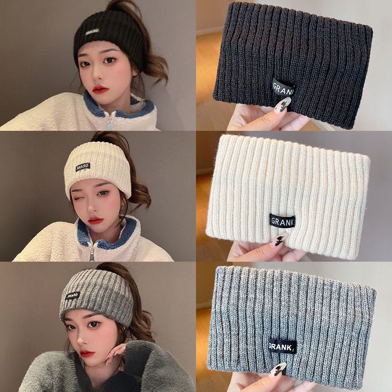 Knitted headband women's new forehead protection, windproof wipe cover, headband plush wide-brimmed headscarf, sports headgear winter