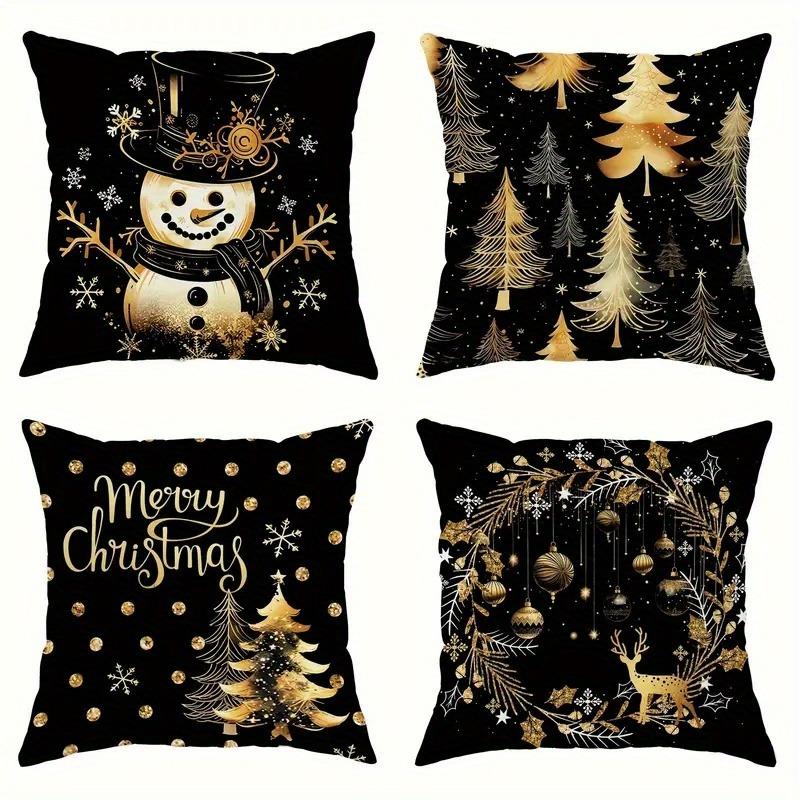 Golden Christmas Delights: Snowman, Trees, Merry Wishes & Ornament-Printed Pillowcases New Year Home Decoration