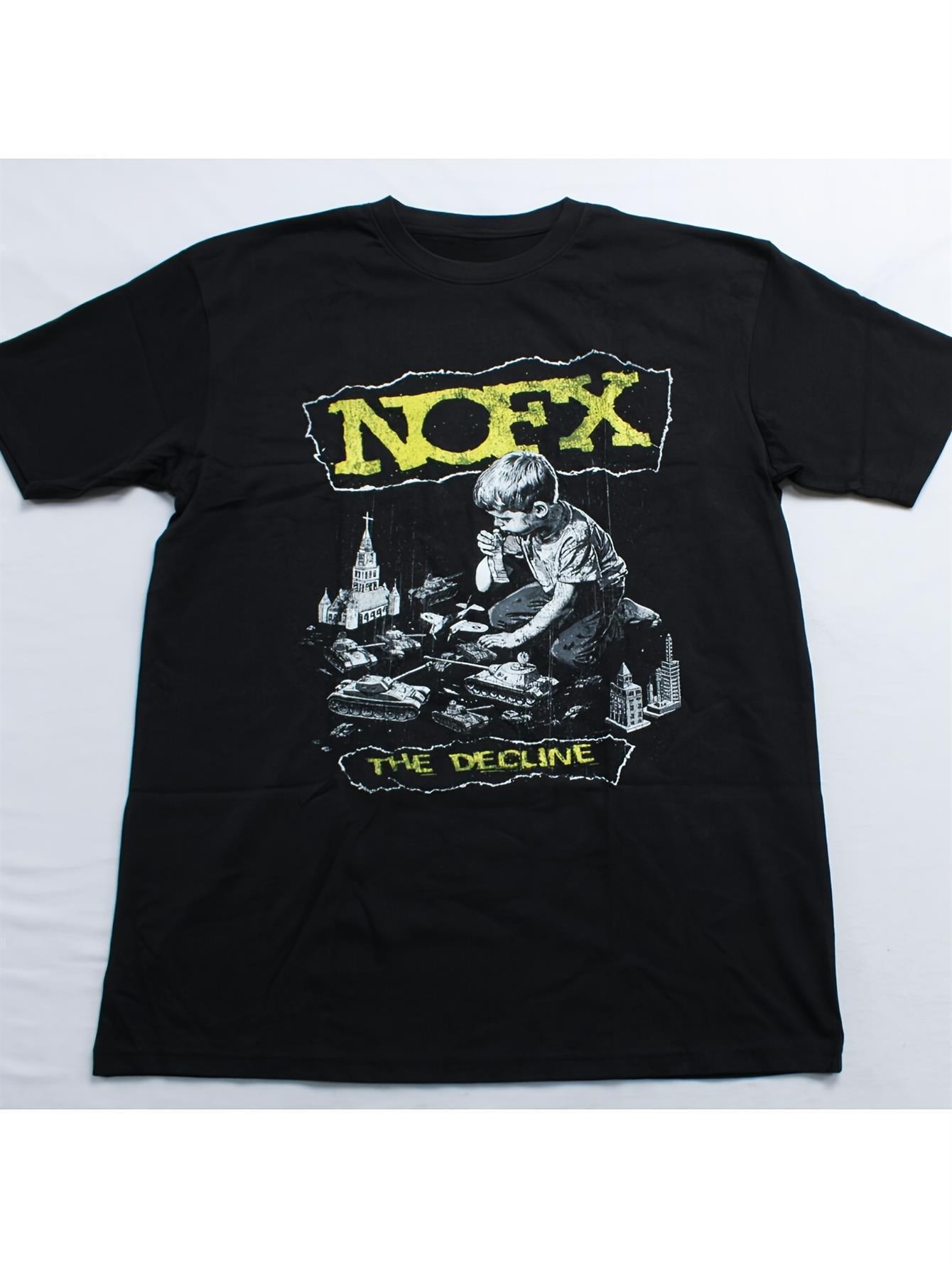 NOFX Decline Graphic T-shirt - Black Cotton Retro Street Style Short Sleeve Tee with Unique Cartoon Print S