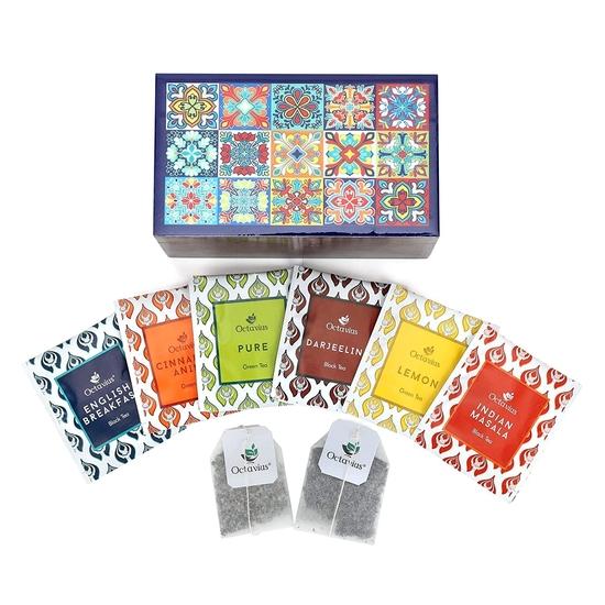 Octavius Fliesenmotiv Holztee-Geschenkbox - 30 Teebeutel | Valentinstag Tee-Geschenksets | Sortiment feiner Schwarz- und Grünteesorten | Premium-Geschenkbox