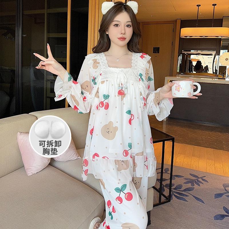Ling Lei Spring And Autumn Printed Square Neck Lace Lace Sweet Loose Princess Wind Mesh Pajama Set Loungewear