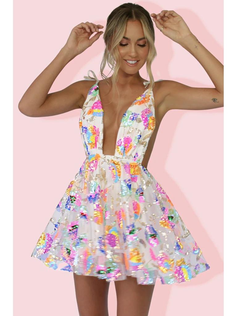 2023 Sexy šaty pro ženy s hlubokým výstřihem do V, bez zad, se flitry a květinovou šněrovačkou