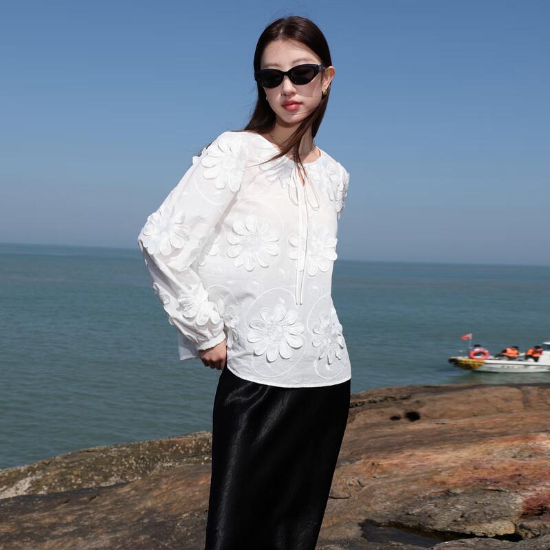 Sancai Damen-Top aus 100 % Baumwolle mit Stickerei und Rundhalsausschnitt