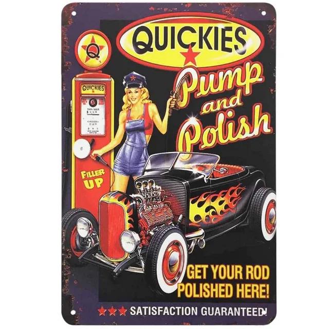 Vintage Pinup Girl Hot Street Rods Garage Full Service Route Auto Mechanics Metal Tin Sign for Rural Wall Decor Retro Poste