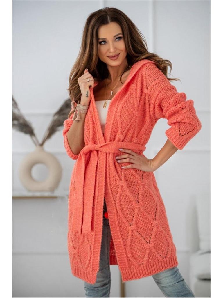 Women's Plus Size Knitted Hoodie Cardigan with Belt - Long Sleeve, 8 Color Options, 2024 Collection