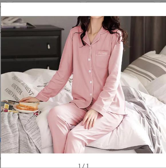 

Комплект женской пижамы большого размера из хлопка, вязаный, с длинным рукавом, для осени - Удобный европейский/американский стиль рубашки M розовый