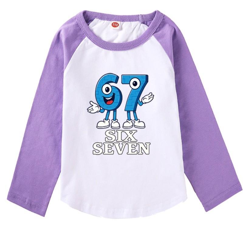 

9194 Kids Girls Steal a Brainrot 67 Six Seven Print Raglan Long Sleeves Cotton T-Shirt 170cm фіолетовий