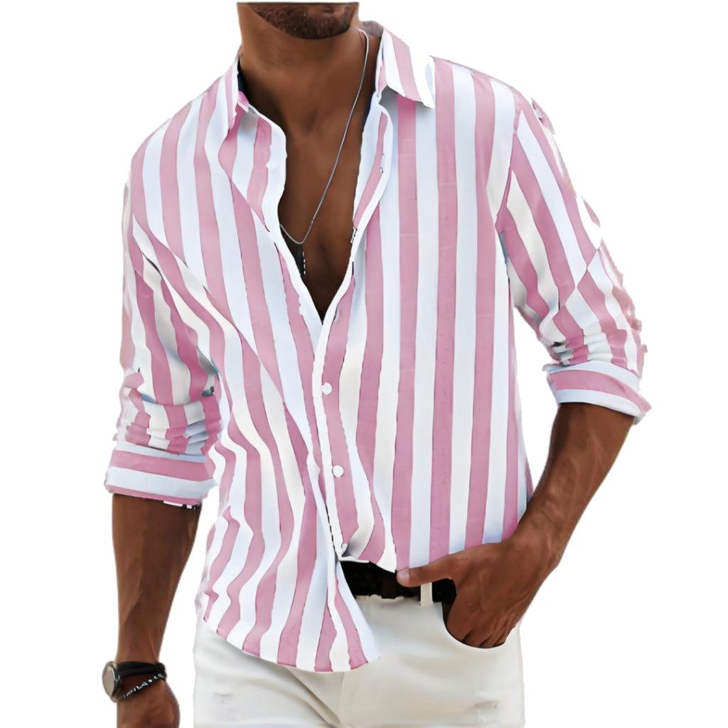 Men's Casual And Trendy Striped Shirt, Long-sleeved Top, Men's Lapel Button Cotton Shirt