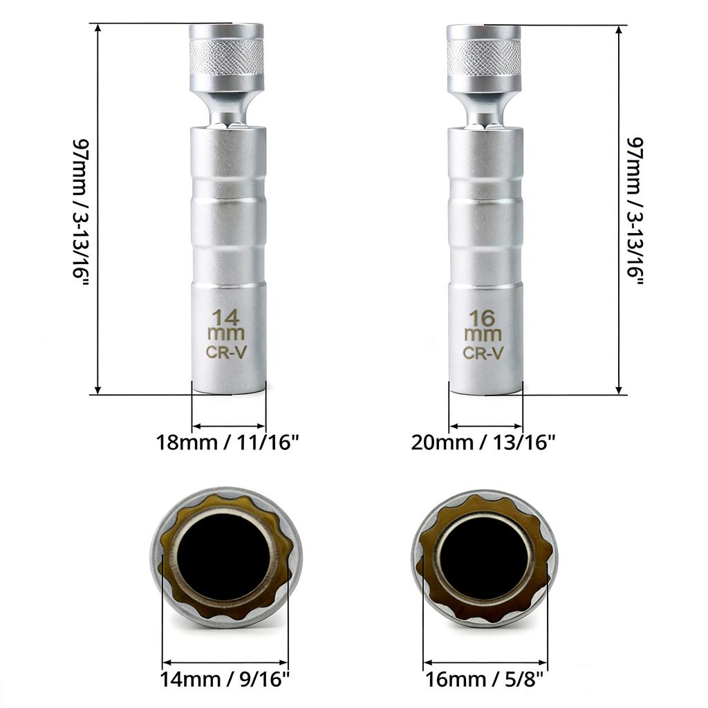 2Pcs Spark Socket Wrench Key Adapter Thin Wall 3/8" Drive 14mm 16mm Spark Plug Magnetic Remove Removal Gap Tool