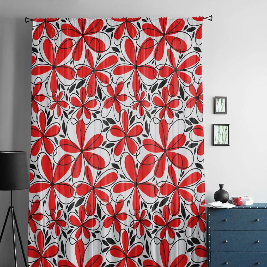 Roter Blumen-Blätter-Vorhang für Schlafzimmer, Tüll-Voile-Vorhang für Küche, Wohnzimmer, Dekor, Fensterbehandlung