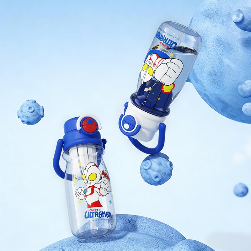 X&W for Ultraman Children Water Bottles Plastic Cartoon Straw Cup with Tea Infuser& Scale Student School Double Drinking Cup