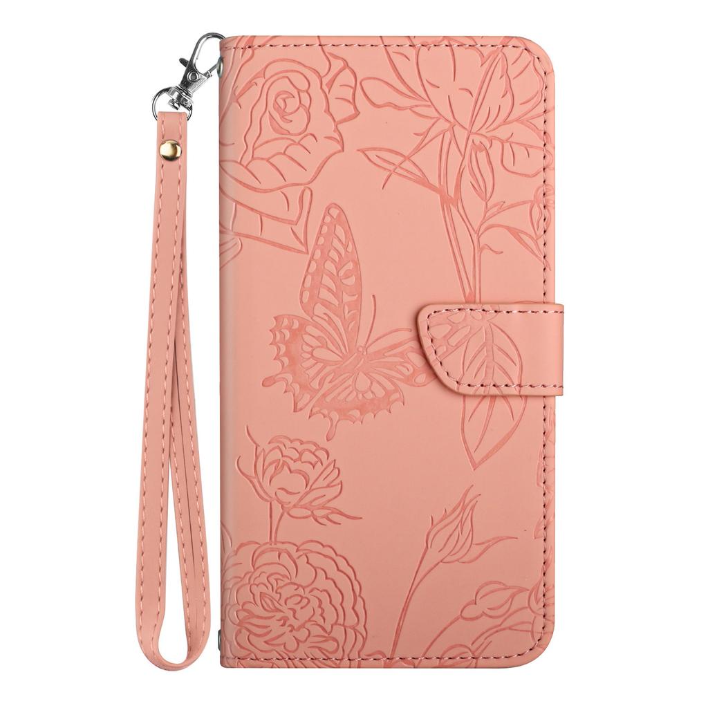 Applicable To Samsung S24 Butterfly Embossed Mobile Phone Leather Case A15 Card Holder Solid Color Lanyard Protective Case A05S Hand Rope
