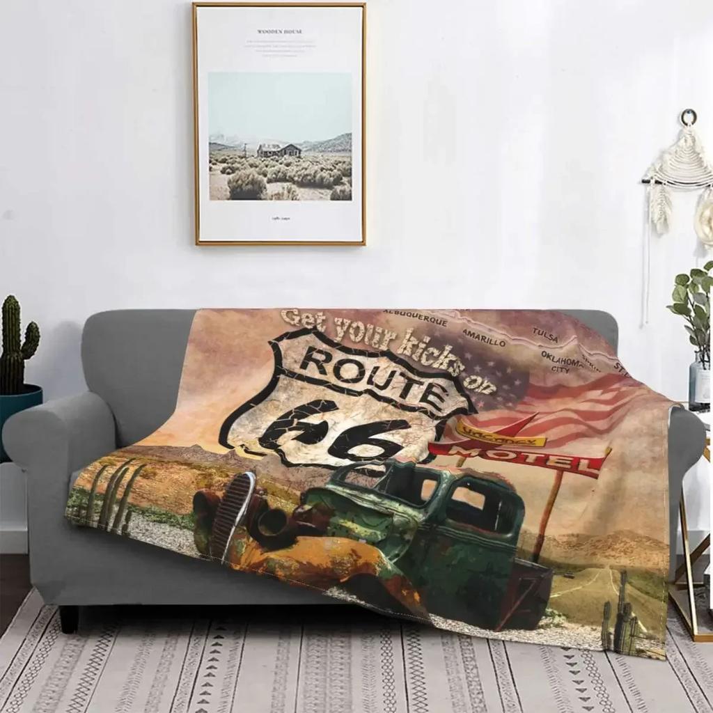 Soft Flannel Throw Blanket Retro Car Motel Route  Warm Cozy Plush All Season Bed Living Room Bedroom Cover