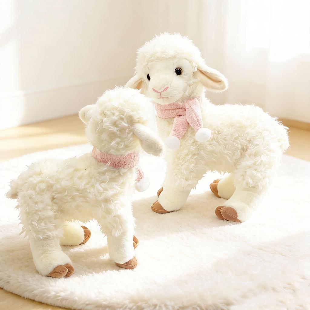 Peluche Agnello Campanellino Bambola Pecora in Piedi Rosa Bianco Beige Animale della Prateria Cartone Animato Compagno del Sonno Regalo