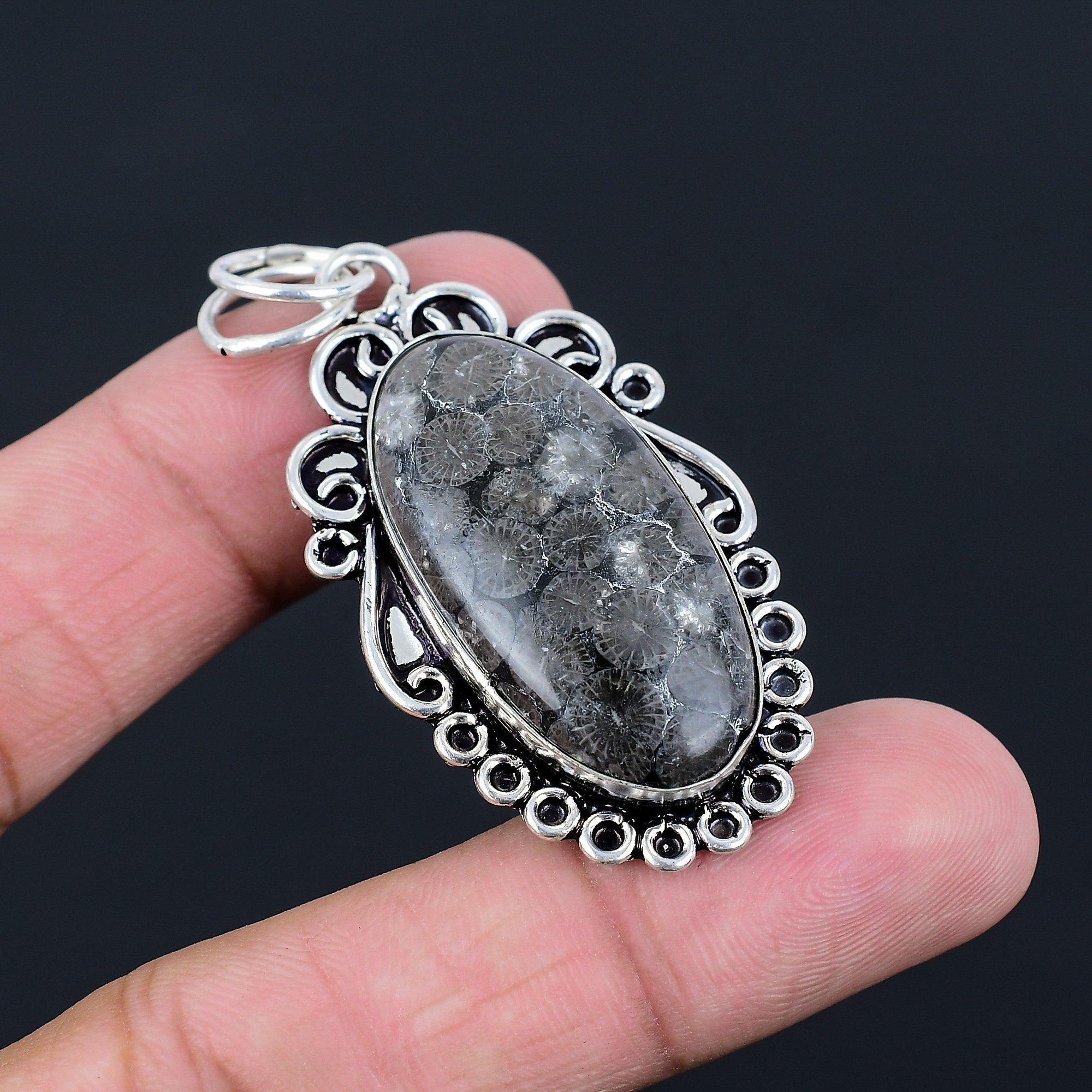 Gift For Women Pendant 925 Sterling Silver Natural Black Fossil Coral Gemstone