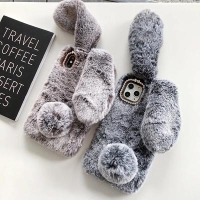 Cute Warm Rabbit Fluffy Fur Phone Case For iPhone 15 Pro Max 14 13 12 11 Pro Max X XR XS Max 7 8 Plus Cover 3D Rabbit Ears Soft Bag
