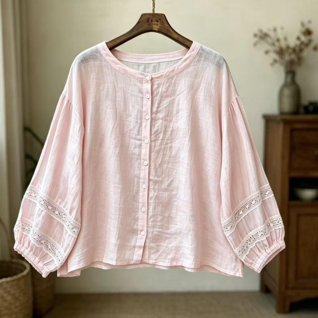 1116 Summer New Women's Crew Neck Japanese Cotton Shirt Loose Shirt Top Cardigan Vintage Mori Ins
