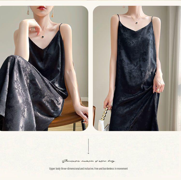 New Chinese National Style Jacquard Spaghetti Strap Over-the-Knee Satin Dress