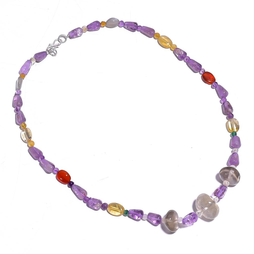 Natural Smoky Quartz Amethyst Citrine Gemstone Smooth Beads Necklace 17" UB-4391 UB-4391