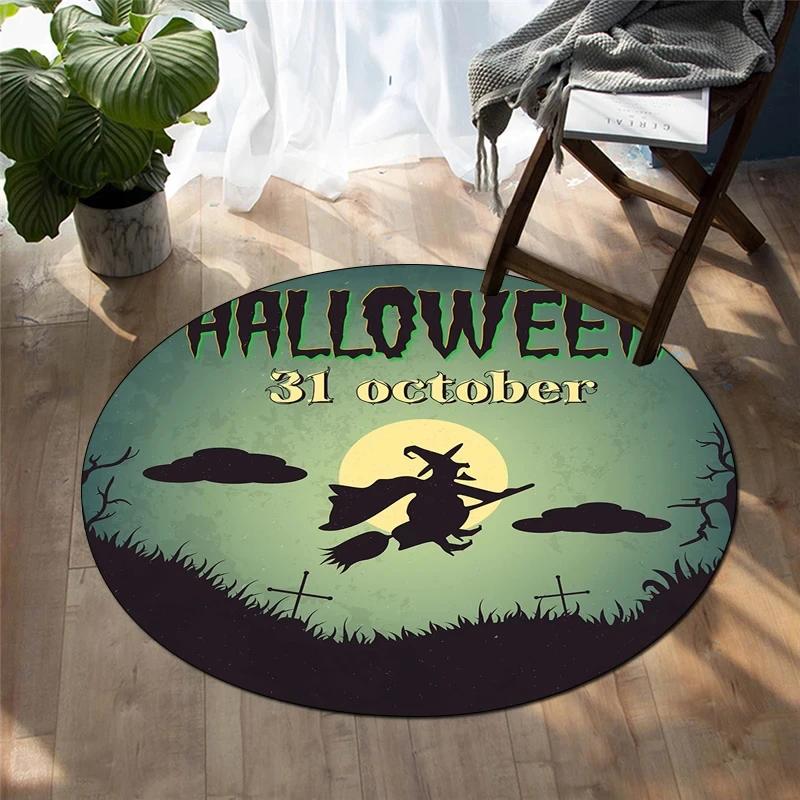 Happy Halloween Round Carpet Castle Bat Print Area Rug for Living Room Bedroom Chair Non Slip Horror Theme Floor Mats Yoga Mat