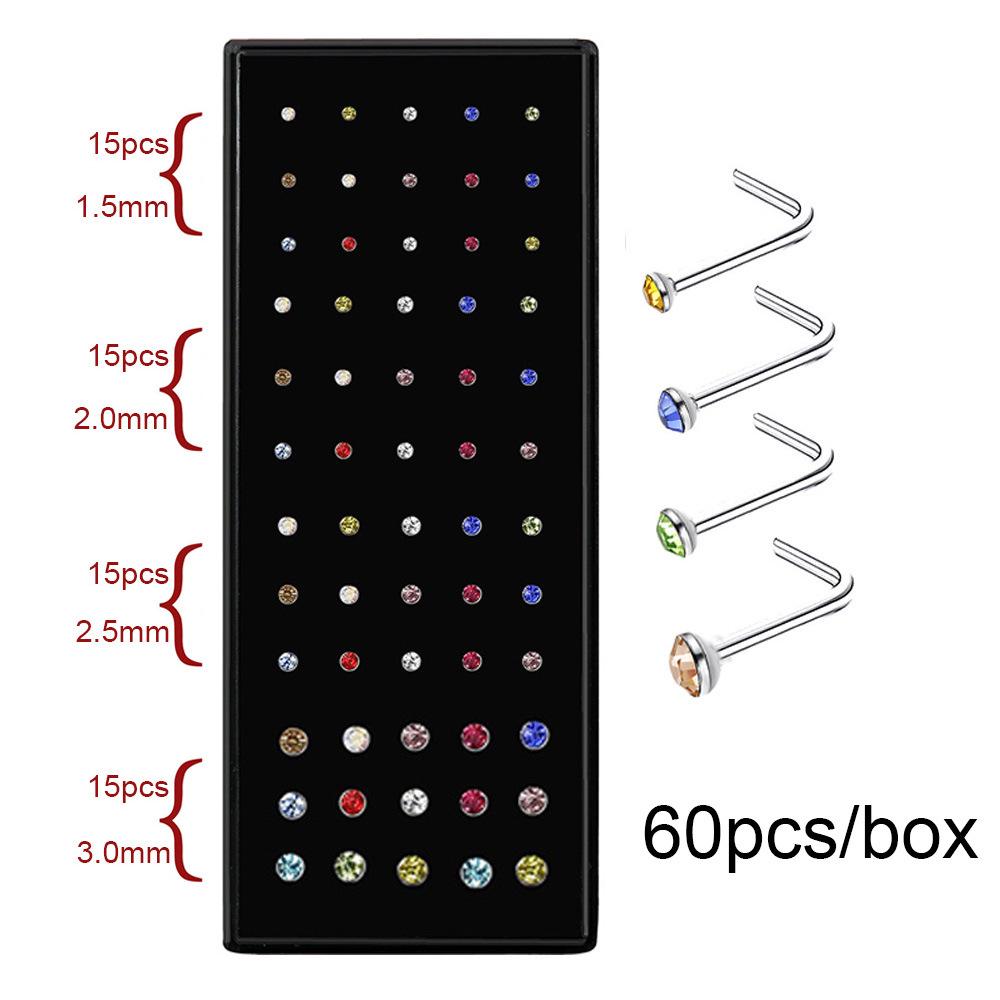 Stainless Steel Boxed Nose Studs and Rings: 60/40 Pieces, 1.5-3.0mm, Straight & L-Shaped Bar