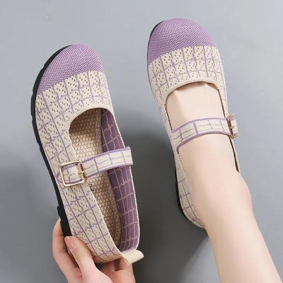 Women's Spring New Ethnic Round Toe Soft Sole Comfortable Mesh Breathable Knitted Shoes Comfortable Slip On Flat Work Shoes